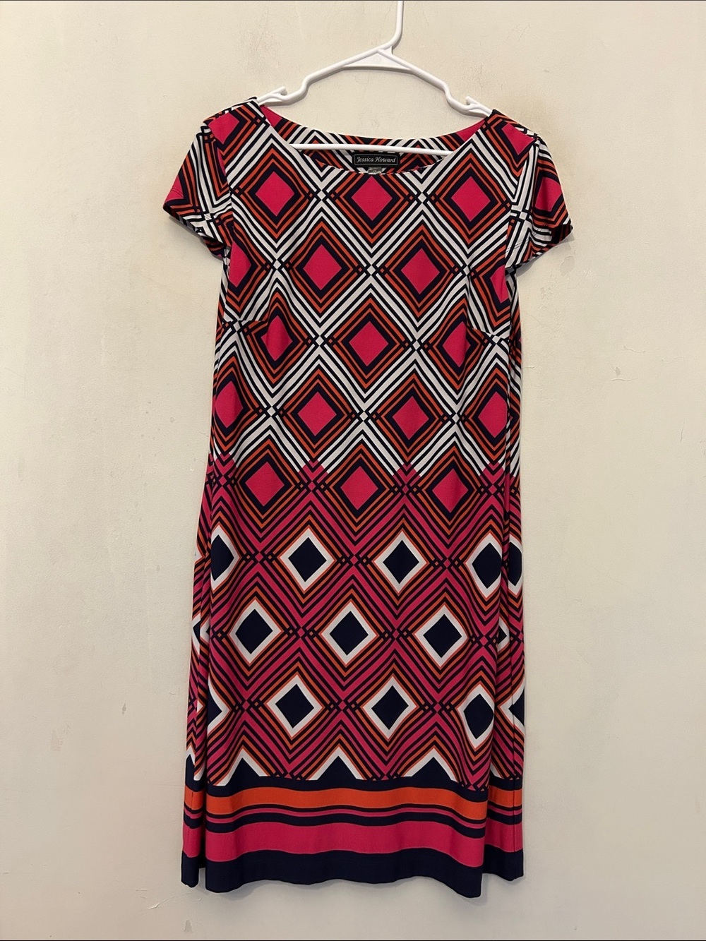 Jessica Howard Geometric Print Pink Short-Sleeve Shift Dress Size L EUC